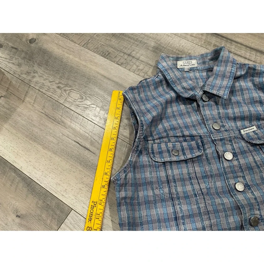 Vintage Guess Jeans Plaid Sleeveless Vest Blue White Cropped XL USA Made